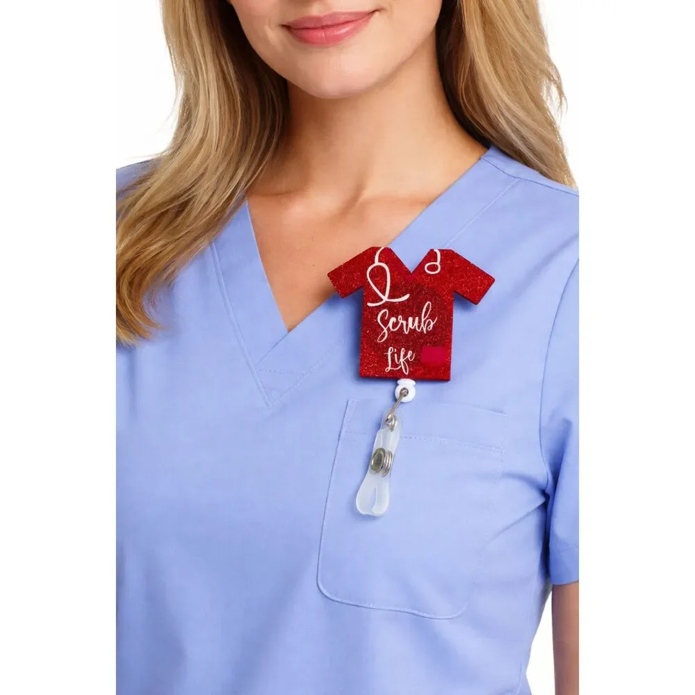 Scrub Life Badge Red Glitter Nurse Badge Holder Retractable ID Clip - Picture 3 of 3